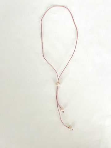 Pearl Drop Lariat Necklace - Pink Leather