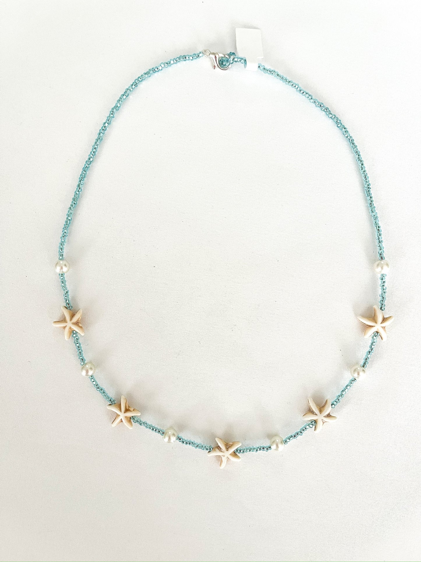 Bead, Pearl, and Starfish Necklace - Aqua