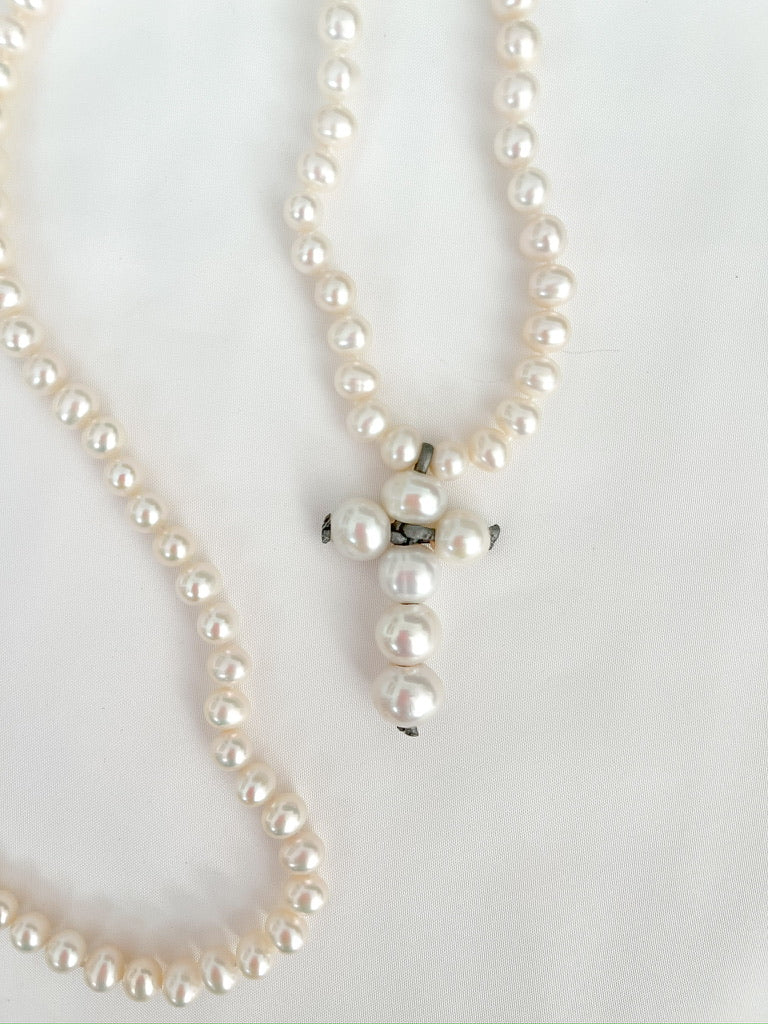 Long Pearl Necklace with Pearl Cross 34"