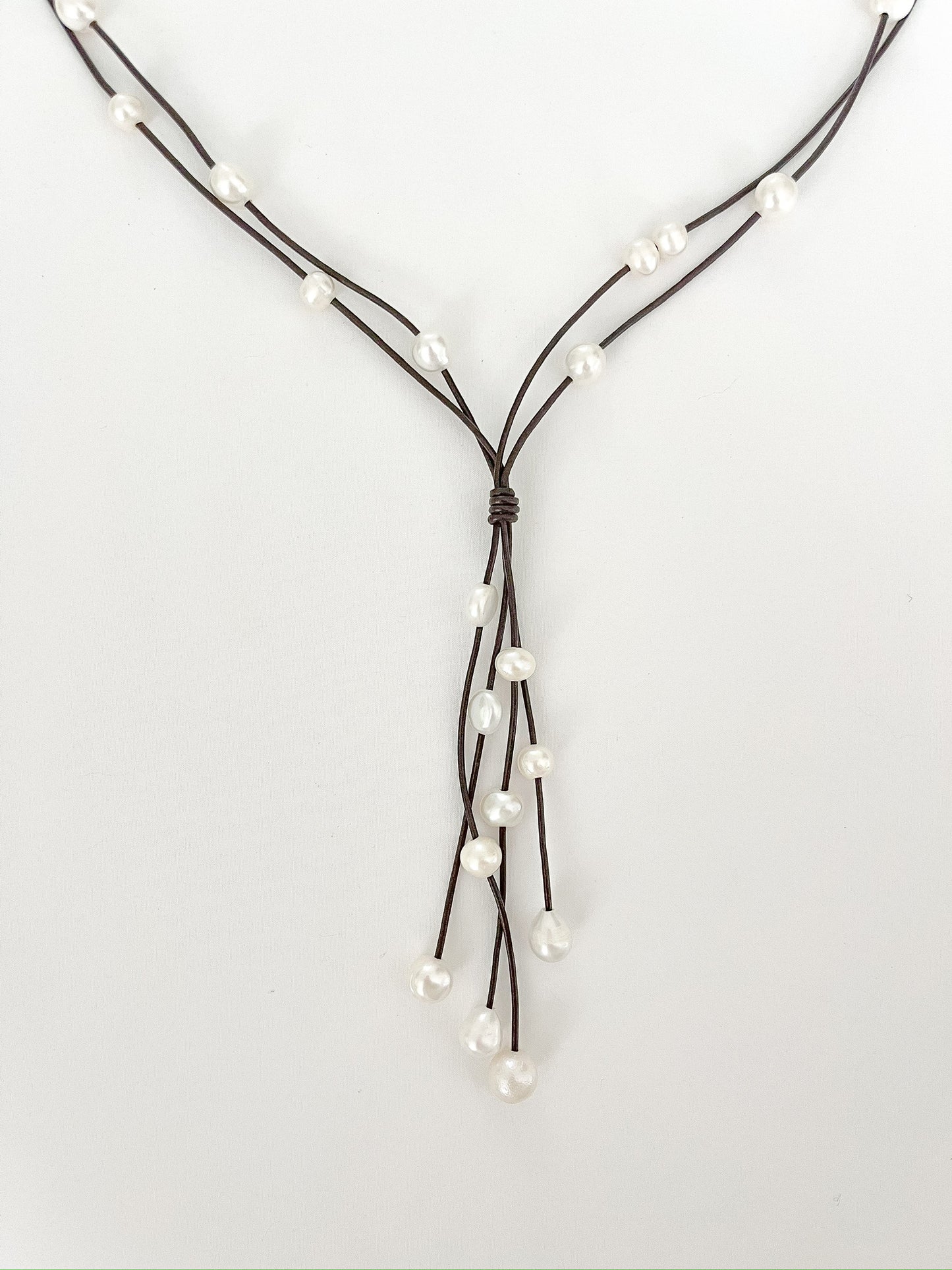 Double Leather Multi Pearl Drop Necklace - Brown