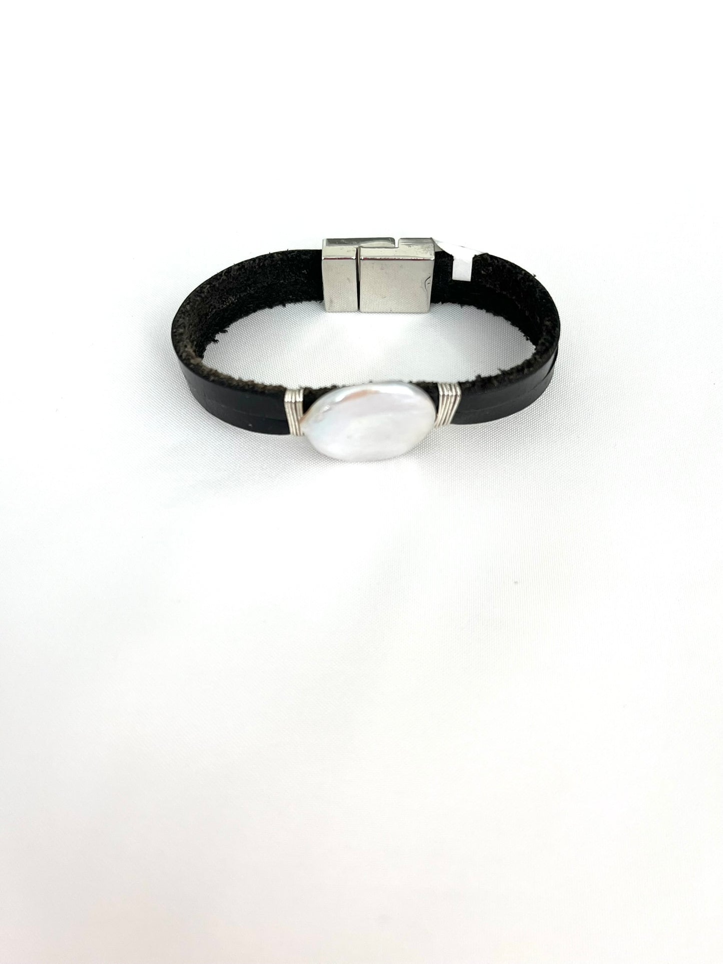 Coin Pearl on Black Leather Bracelet