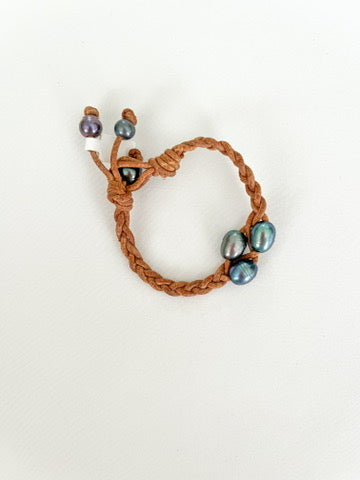 3 Black Pearl Braided Brown Leather Bracelet