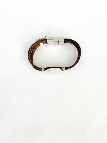Coin Pearl on Brown Leather Bracelet