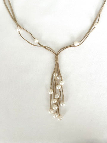 Double Suede Multi Pearl Drop Necklace - Natural