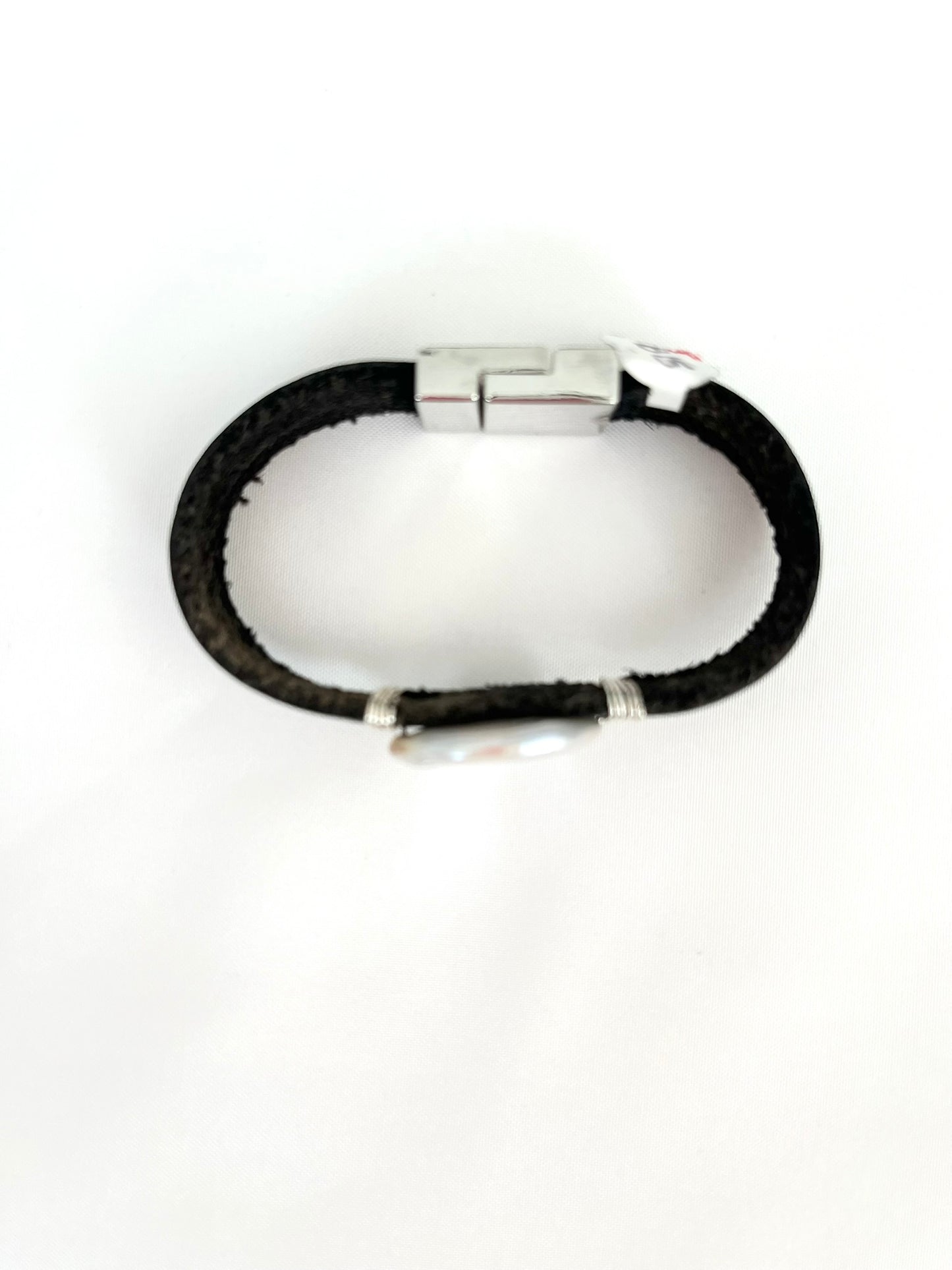 Coin Pearl on Black Leather Bracelet