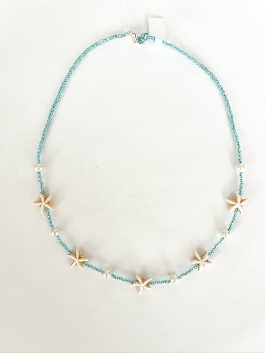 Bead, Pearl, and Starfish Necklace - Aqua