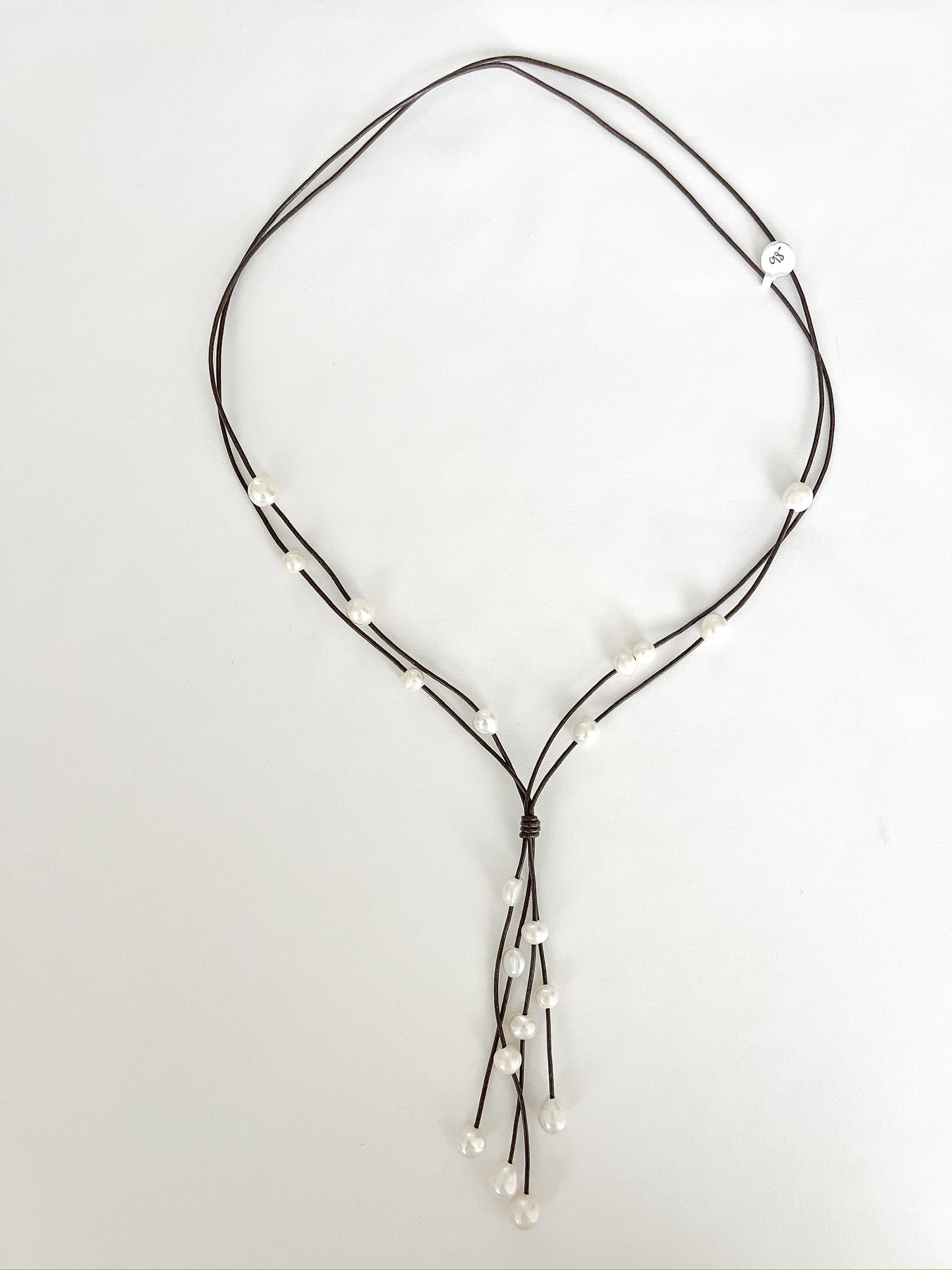 Double Leather Multi Pearl Drop Necklace - Brown