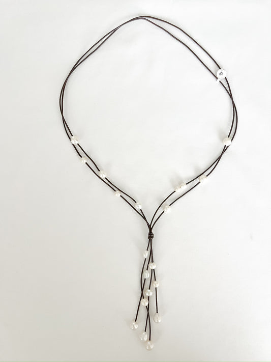 Double Leather Multi Pearl Drop Necklace - Brown