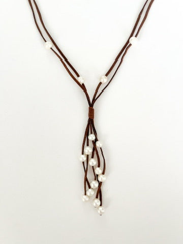 Double Suede Multi Pearl Drop Necklace - Brown