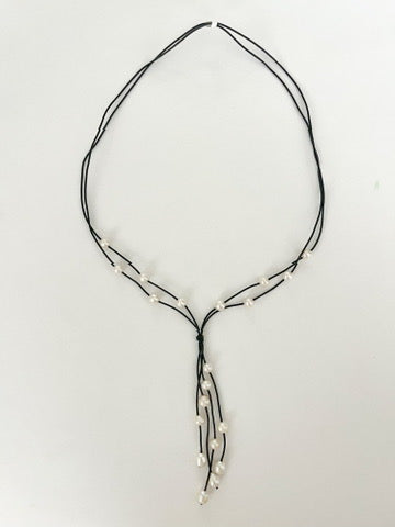 Double Leather Multi Pearl Drop Necklace - Black