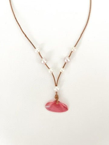 Shell with Pearls on Leather Necklace