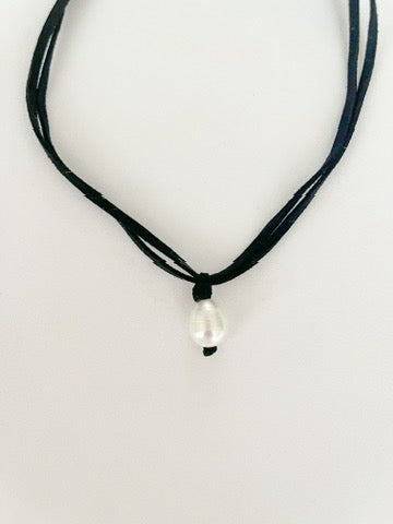 Single Pearl on Black Suede Choker Necklace