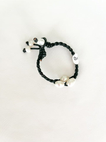 3 White Pearl Braided Black Leather Bracelet