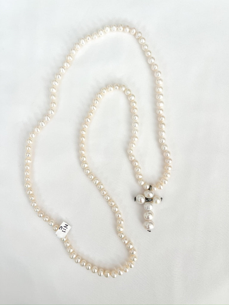 Long Pearl Necklace with Pearl Cross 34"