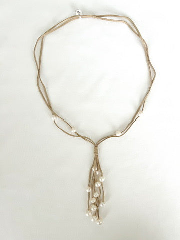 Double Suede Multi Pearl Drop Necklace - Natural