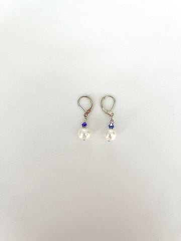 Pearl and Blue Bead Drop Earrings