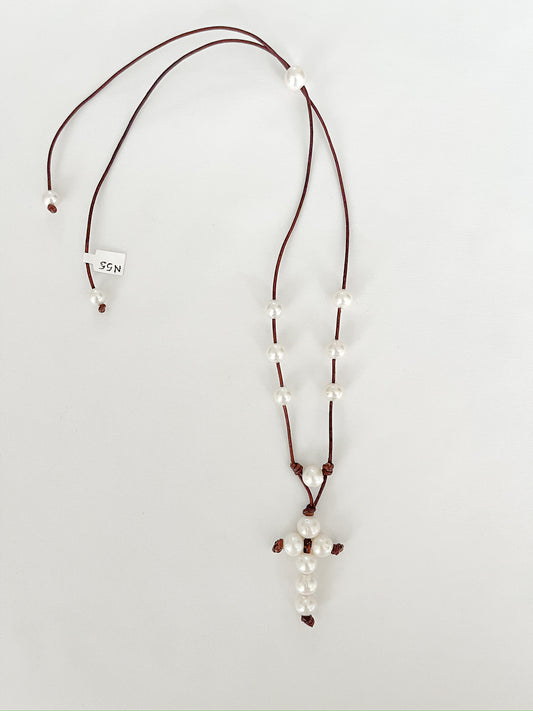 Pearl Cross on Leather Necklace