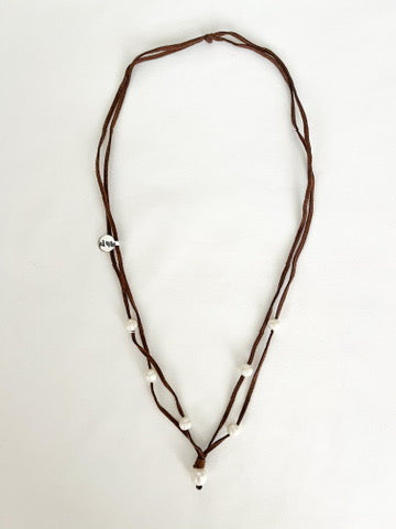 Double Suede Pearl Drop Necklace - Brown