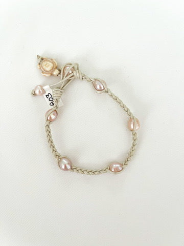 Single Braid with Pearls White Leather Anklet