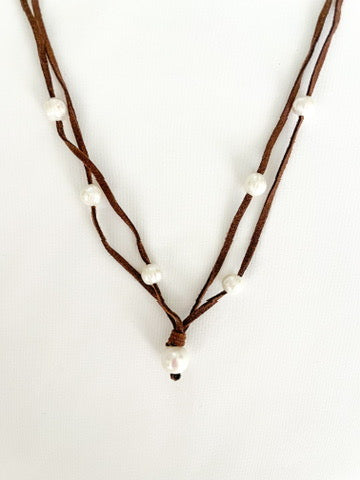 Double Suede Pearl Drop Necklace - Brown