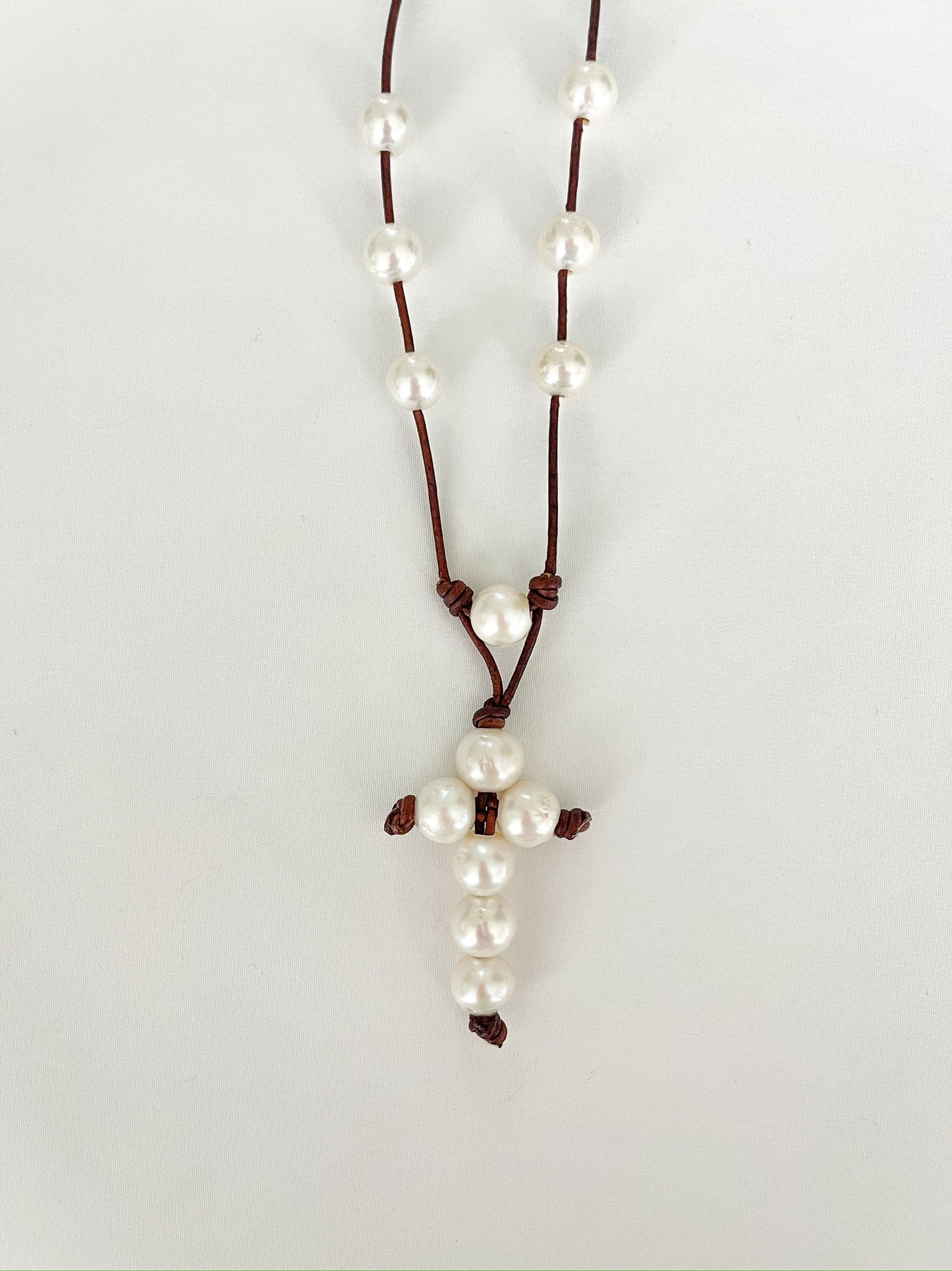 Pearl Cross on Leather Necklace
