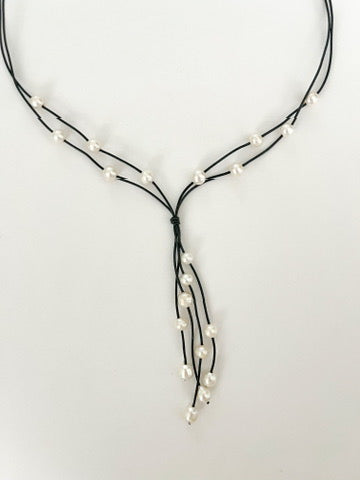 Double Leather Multi Pearl Drop Necklace - Black