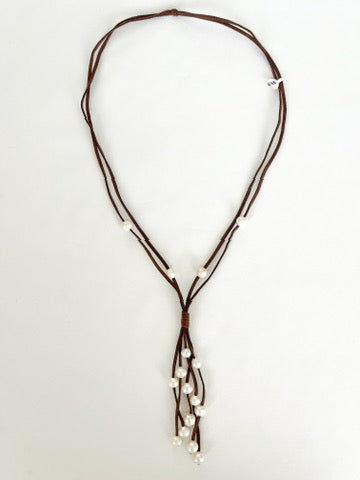 Double Suede Multi Pearl Drop Necklace - Brown