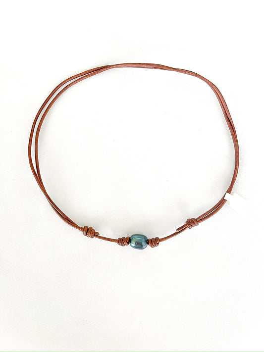 Black Pearl on Leather Necklace