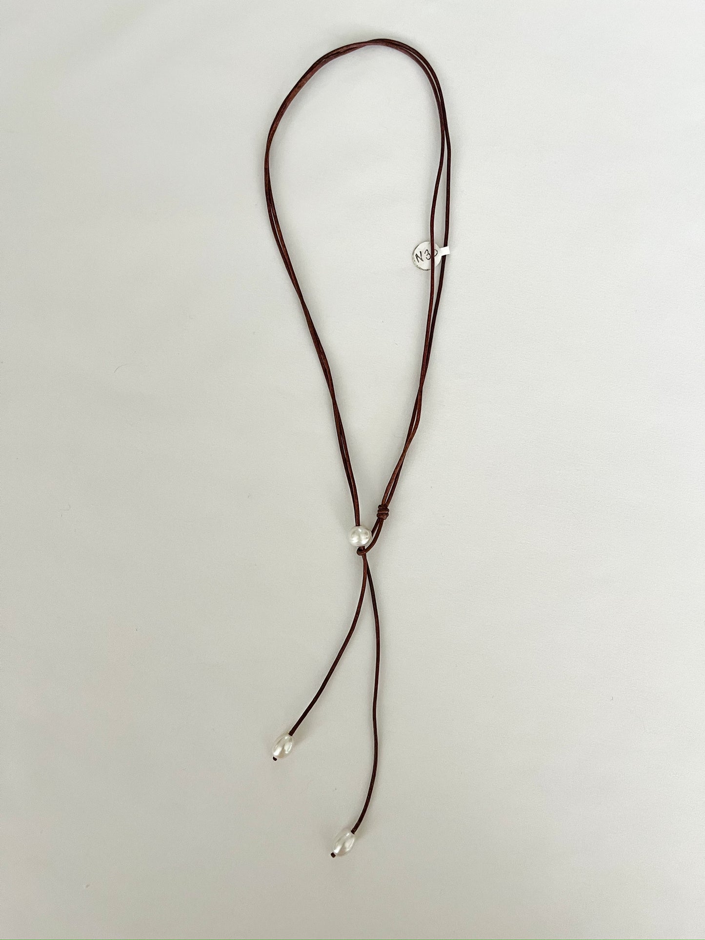 Pearl Drop Lariat Necklace - Brown Leather