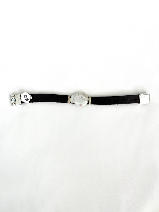 Coin Pearl on Brown Leather Bracelet
