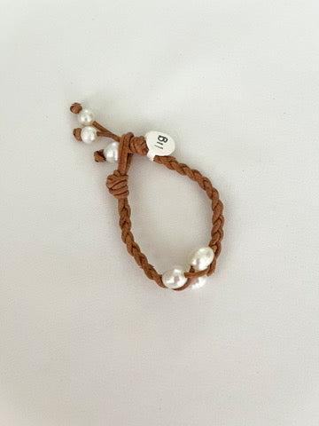 3 White Pearl Braided Brown Leather Bracelet