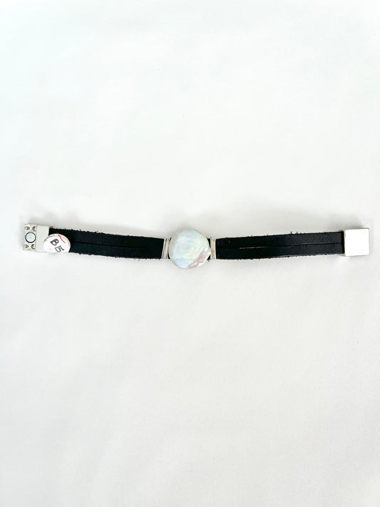Coin Pearl on Black Leather Bracelet